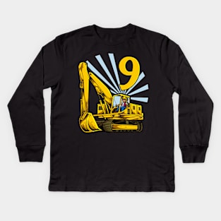 Excavator 9 year old birthday Kids Long Sleeve T-Shirt